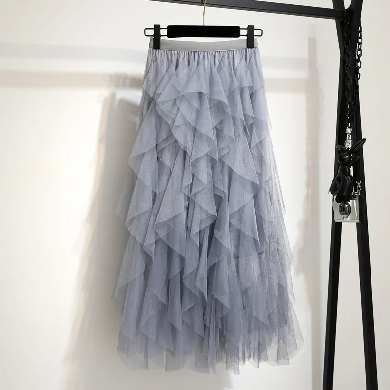 Blue Gray Лето Юбки Женская Мода Нерегулярные Сетчатые Юбки из Тюля Эластичная Высокая Талия Средняя Длина Юбка пачка женская взрослая Длинная Женщины Женская Юбка - Цвет: Blue Gray