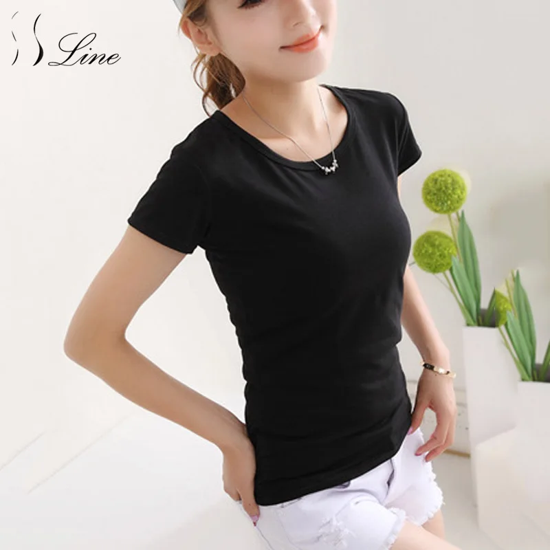 SSLine High quality M L XL Plain t shirt women Basic elastic cotton T