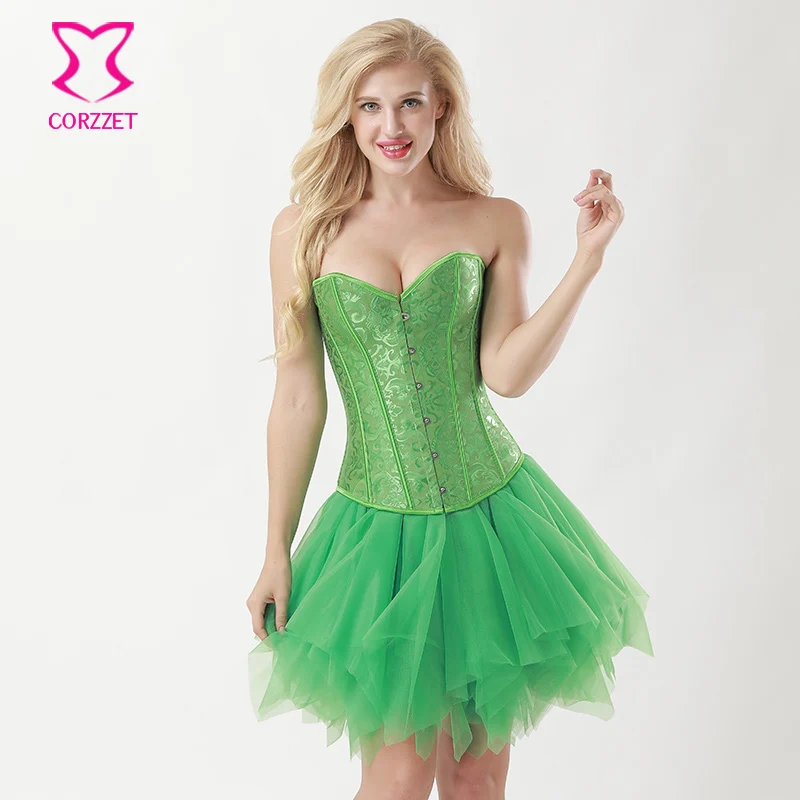 

Green Jacquard Victorian Corsets And Bustiers Sexy Corset Skirt Gothic Clothing Burlesque Dress Corselete Feminino Espartilhos