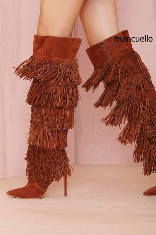 

Chic Women Solid Brown Suede Flowing Fringe Stiletto Heels Knee High Boots Sexy Pointed Toe Side Zipper Tassel Long Boots