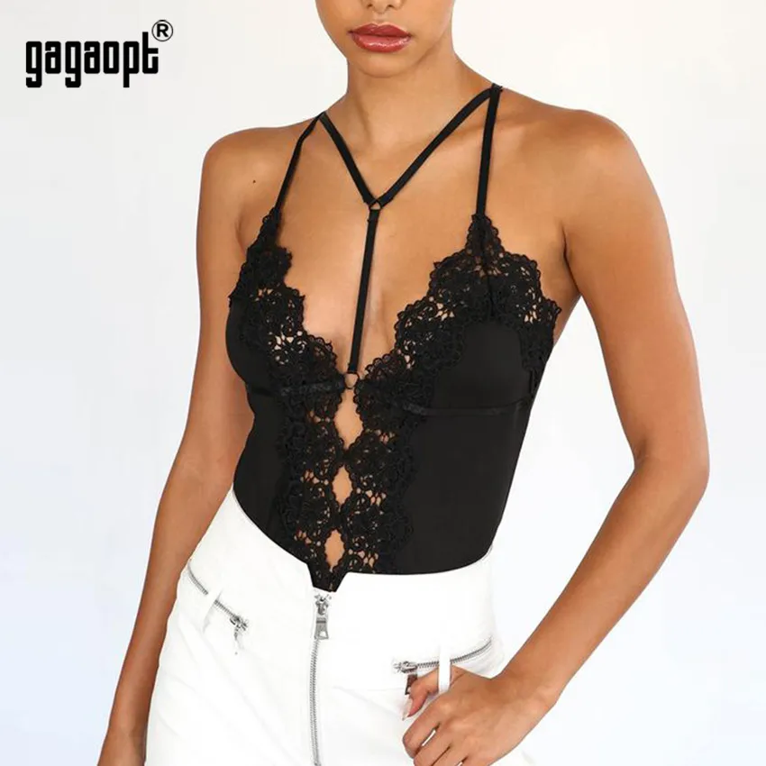 long sleeve bodysuit Gagaopt Lace Bodysuit Women Fashion Embroidery Bandage Bodysuit Black/White Halter Sexy Bodysuit Jumpsuit Overalls Streetwear white bodysuit