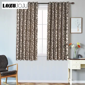 

LOZUJOJU Leaves Jacquard Curtains Short Drops Plaid Pattern Modern Design Brown Color Grommet Top Semi Shade Fabric Thread Strip