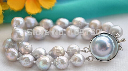 

00741 8" 2row gray almost round Edison PEARL bracelet mabe clasp