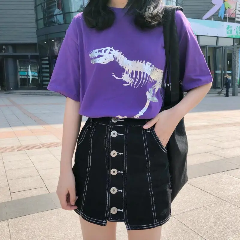 KYMAKUTU Harajuku Hipster Summer Dinosaur Printed Women's T Shirts Short Sleeve O Neck Loose Female Tee Shirt Poleras Mujer Tops Tops
