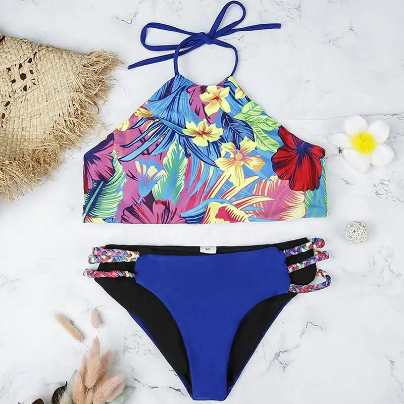 

Blue Halter Swimsuit Female High Neck Printed Bathing Suit Women Push Up Bikini Set Thong Swimwear Women Swim Beach Wear Biquini