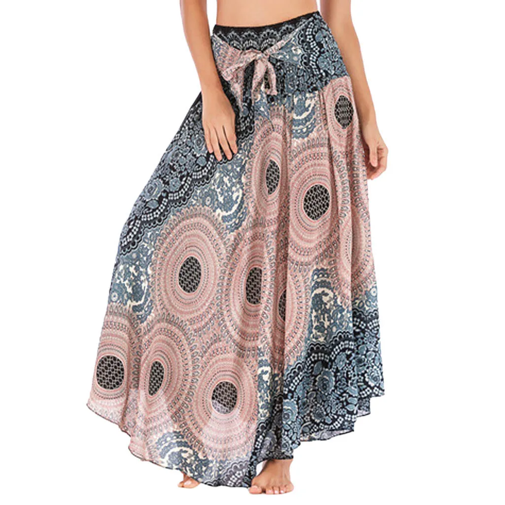 Пляжная юбка в этническом стиле, Женская длинная хиппи, богемная, цыганская, бохо, цветы, эластичная талия, Цветочная юбка с бретельками - Цвет: Бежевый