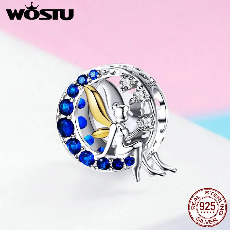 WOSTU Lunar Moon& Fairy Elf аамулеты, 925 пробы, серебристые, синие, CZ бусины, подходят к оригинальному браслету, ожерелью, сделай сам, изготовление ювелирных изделий, FNC070