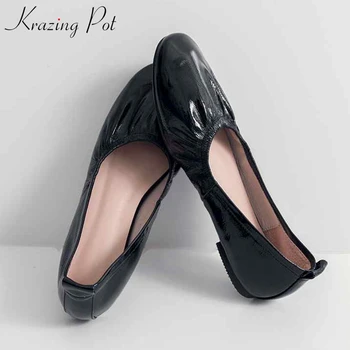 

krazing pot genuine leather Hollywood star round toe pleated decoration concise style solid color women casual grandma shoes L10