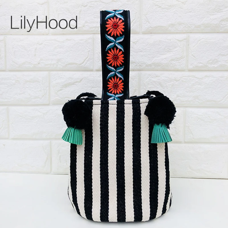 LilyHood Striped Canvas Shoulder Bag Female Cute Sweet Kawaii Black and White Striped Pom Pom Bucket Top Handle Crossbody Bag striped embroidery pom pom detail blouse