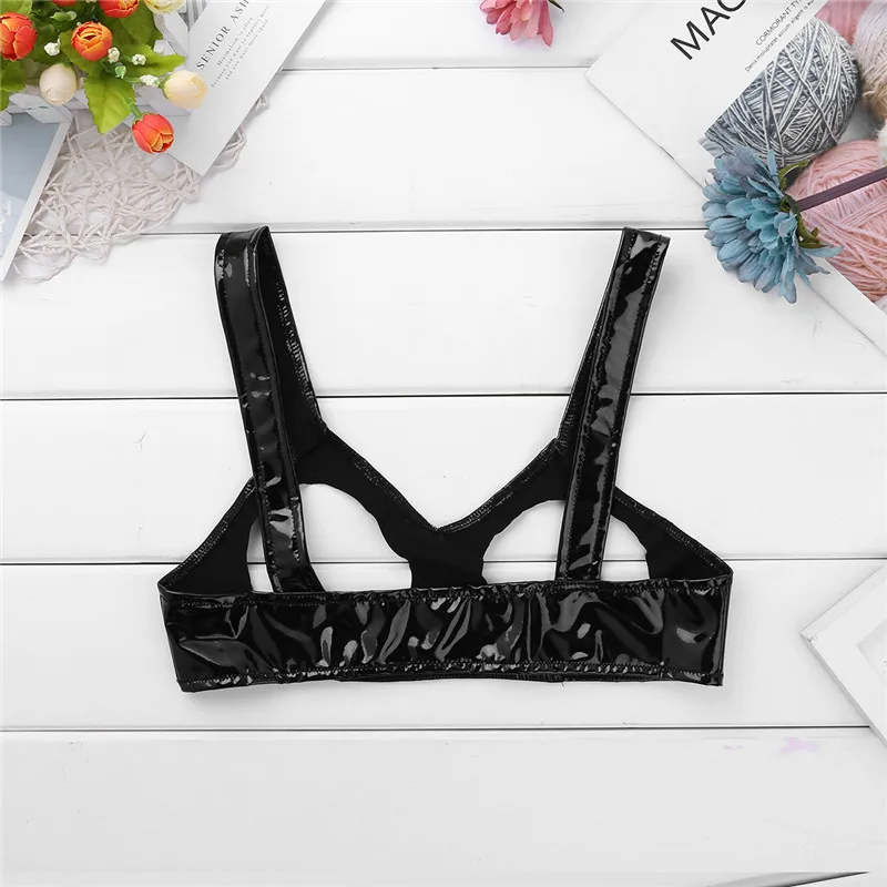 Womens Sexy Lingerie Wetlook Open Cups Bra for Women Clubwewar Faux Leather Bra Underwear Vest Tank Crop Tops Sleeveless