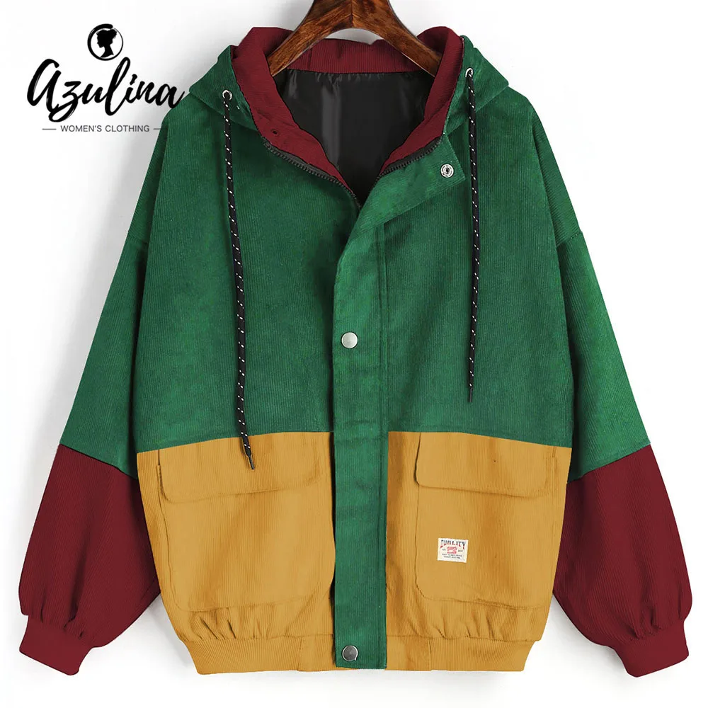 AZULINA Corduroy Jacket Hooded Pachwork Long Sleeve Autumn Basic Jackets Female Coat Zip Up Snap Button Windbreaker Jacket Women Coats