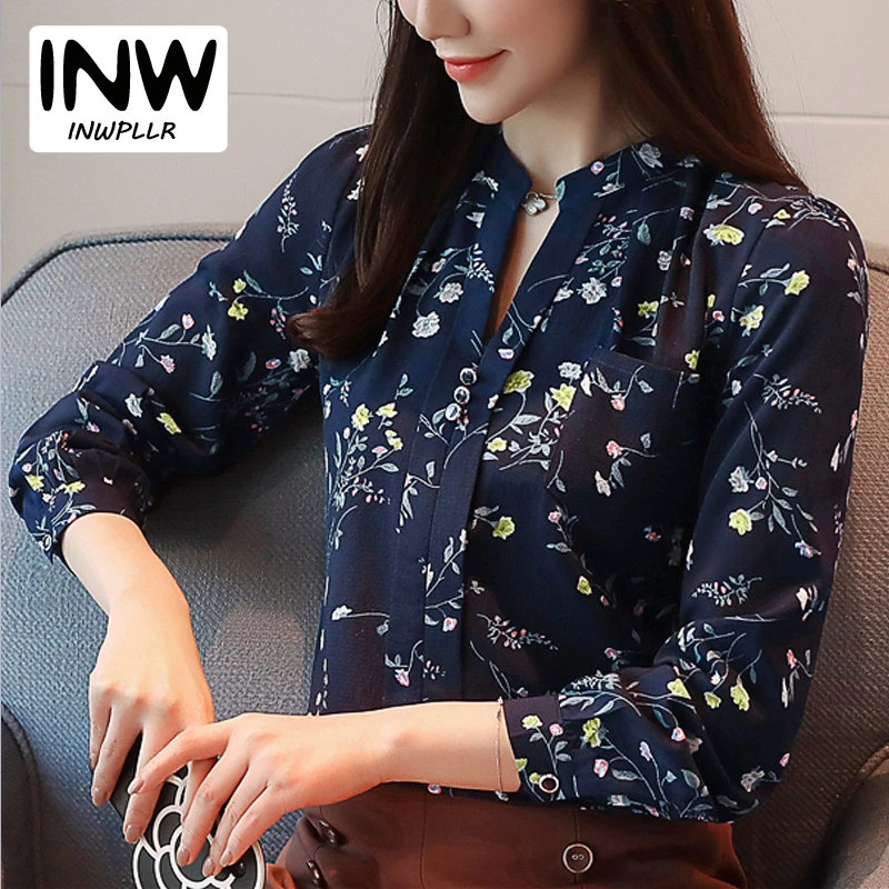 Oficina con estampado floral Blusas Mujer 2019 Otoño Blusa de gasa Mujer Casual cuello en V manga larga Blusas Mujer|Blusas y camisas| - AliExpress