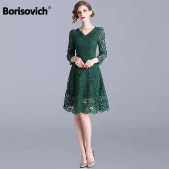 

Borisovich Women Casual Lace Dress New Brand 2019 Spring Fashion Hollow Out V-neck Knee-length Ladies Elegant Party Dresses N817