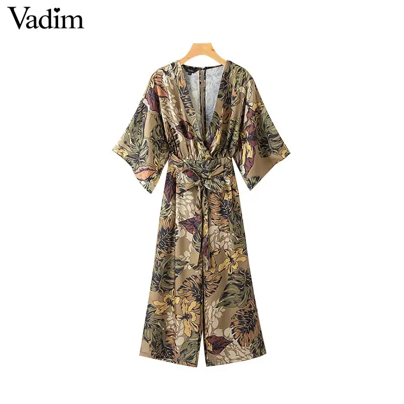 

Vadim women vintage floral print V neck jumpsuits bow tie sashes backless rompers female retro casual chic playsuits KA734
