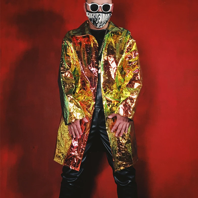 Мужской индивидуальный этап пальто золото искусственная кожа куртка из искусственной кожи прилив Прохладный для мужчин певица хип хоп
