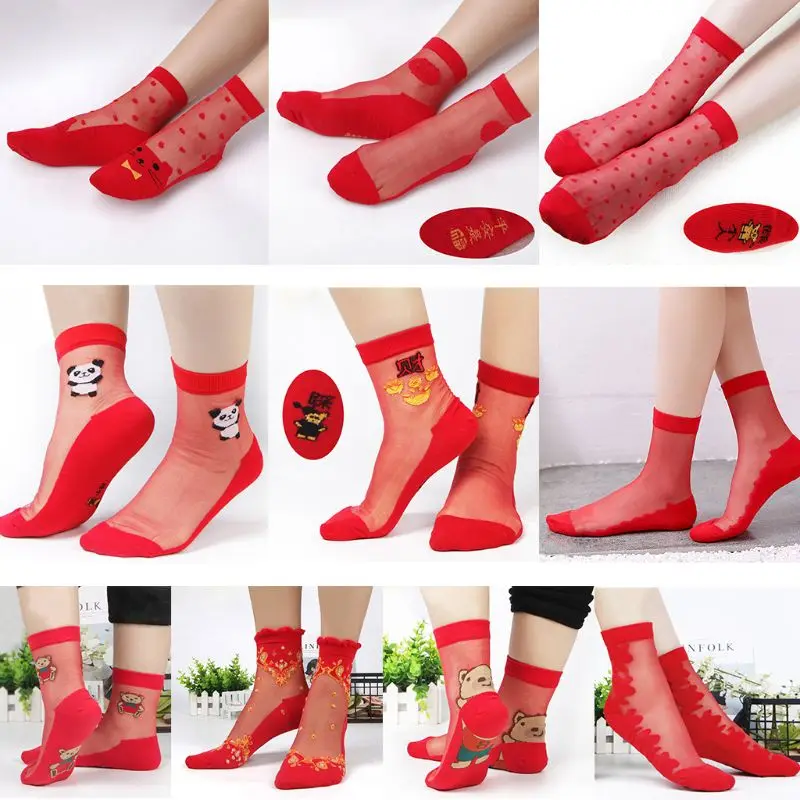 

10 Styles Womens Summer Elastic Crystal Ice Silk Long Crew Socks Jacquard Cartoon Floral Embroidered Sheer Ultrathin Tube Hosier