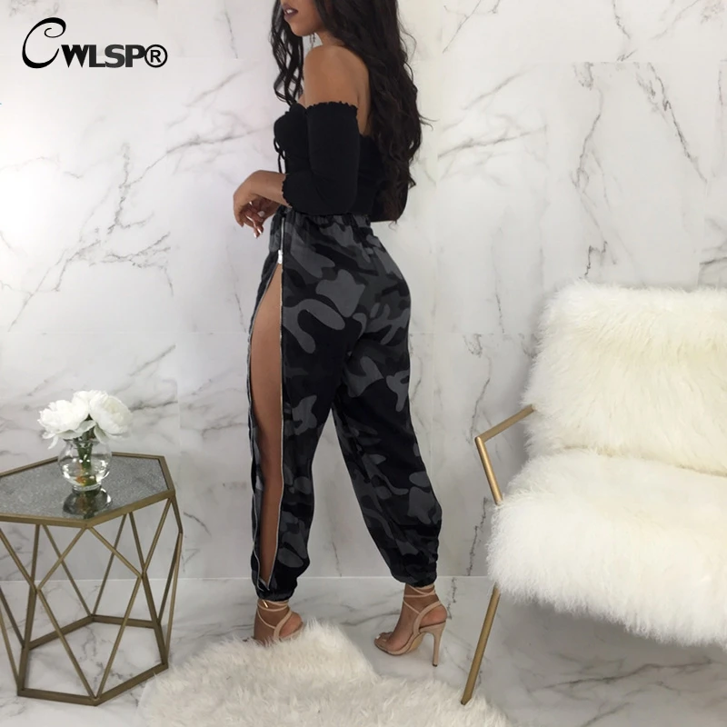 CWLSP 2018 Summer Casual Loose Pants For Women Camouflage Splite Straight Full Length With Zipper Female Pants QZ2629