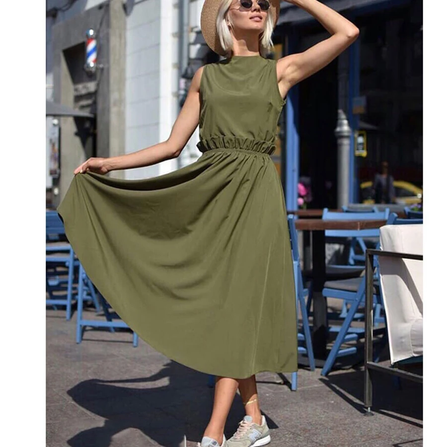 

Sleeveless Mid-Long Slim A-Line Dresses Summer Women Solid Casual Loose Vintage O- Neck Dresses 2019 New Vacation Style Dress