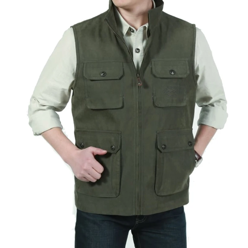 Men's Sleeveless Cotton Casual Men's Vest Regular Pockets Plus Large