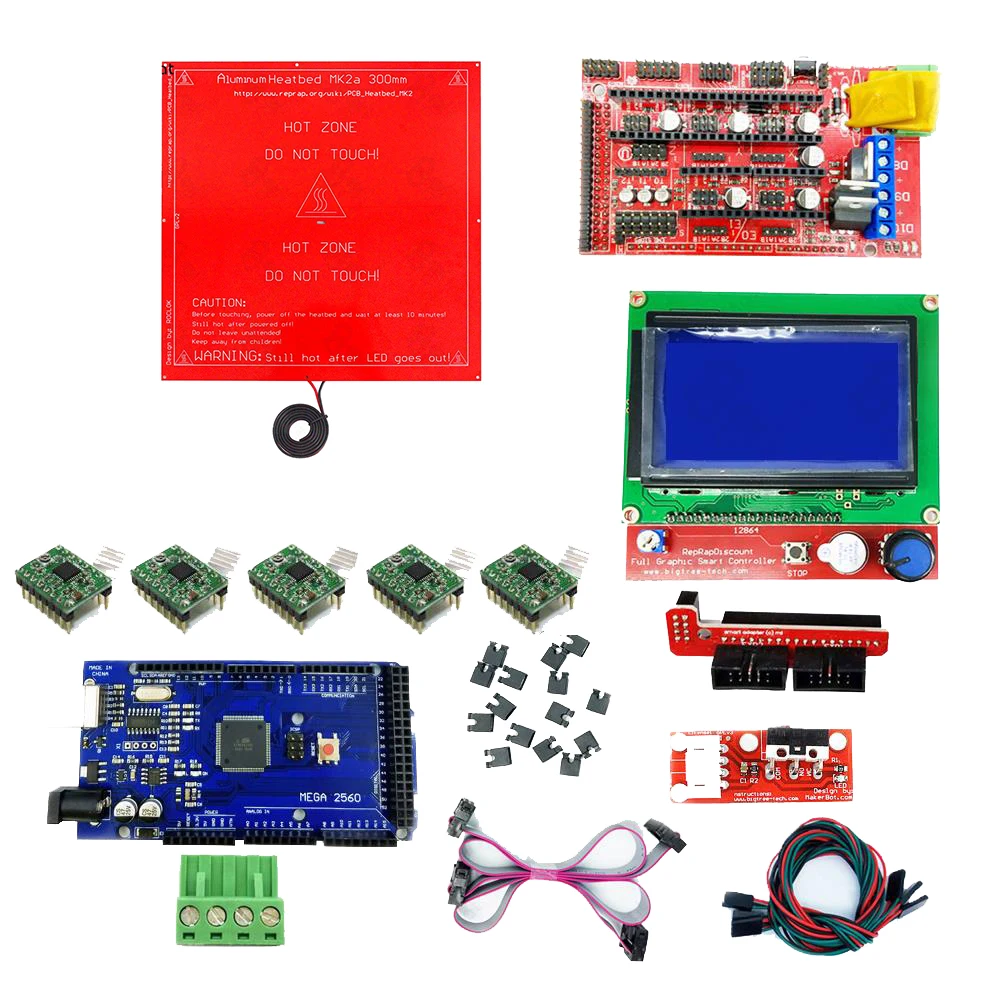 Детали 3D-принтера Reprap Ramps 1,4 комплект с Mega 2560 R3+ Heatbed MK2B+ 12864 ЖК-контроллер+ A4988 Драйвер+ концы+ кабели