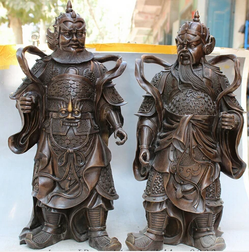 

022" Folk Chinese Bronze Temple Gate Hero Warrior General Statue Door-god Pair