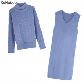 

KoHuiJoo Elegant Dress Suit Women Autumn Winter Thick Warm Knitted Sweater+Tank Dress Sets Lady Casual 2 Pieces Outfits
