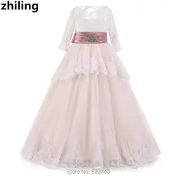 Милые Кружевные Платья с цветочным узором для девочек бальное платье для девочек платье для свадьбы и вечерние одежда с длинным рукавом