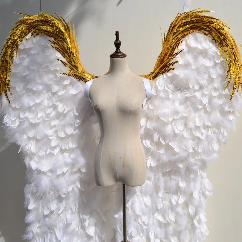 Чистый белый с золотыми крыльями ангела подиума нижнее белье шоу реквизит 2,2 метров высокие огромные крылья перьев для взрослых