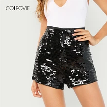 COLROVIE, однотонные корейские сексуальные черные женские шорты с вышивкой и блестками,, Осенние повседневные шорты в уличном стиле, элегантные женские шорты