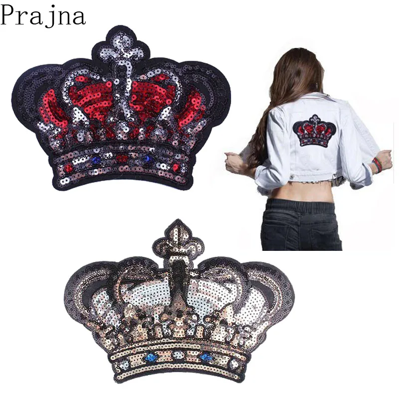 

Prajna Big Crown Patch Iron Patches For Clothing Sequin Patches Embroidered Badge Cartoon Clothes Wedding Stickers Stripe Jacket