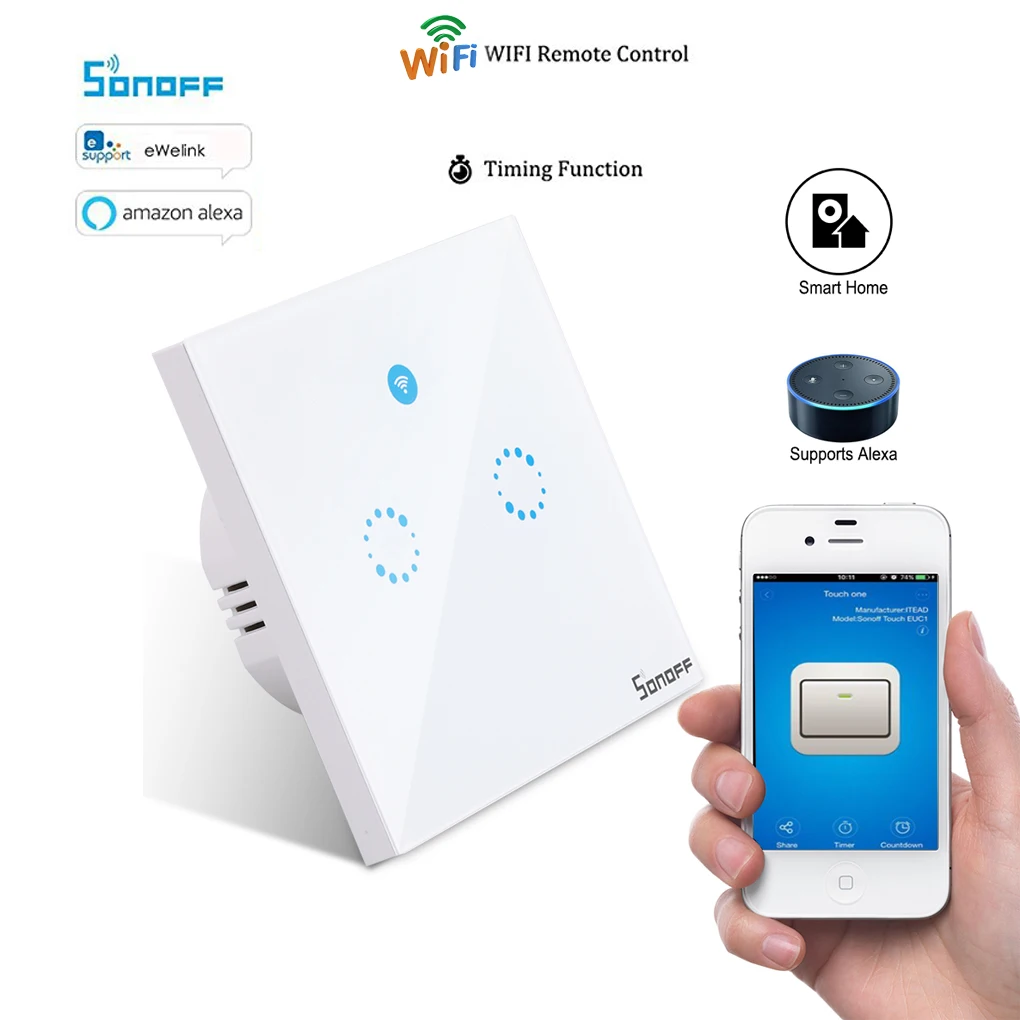 

T1 EU Remote Control Light Switch Wall Panel 1/2 Gang Wireless Smart Touch ON/OFF Plate Work with Alexa/Nest Intelligent home