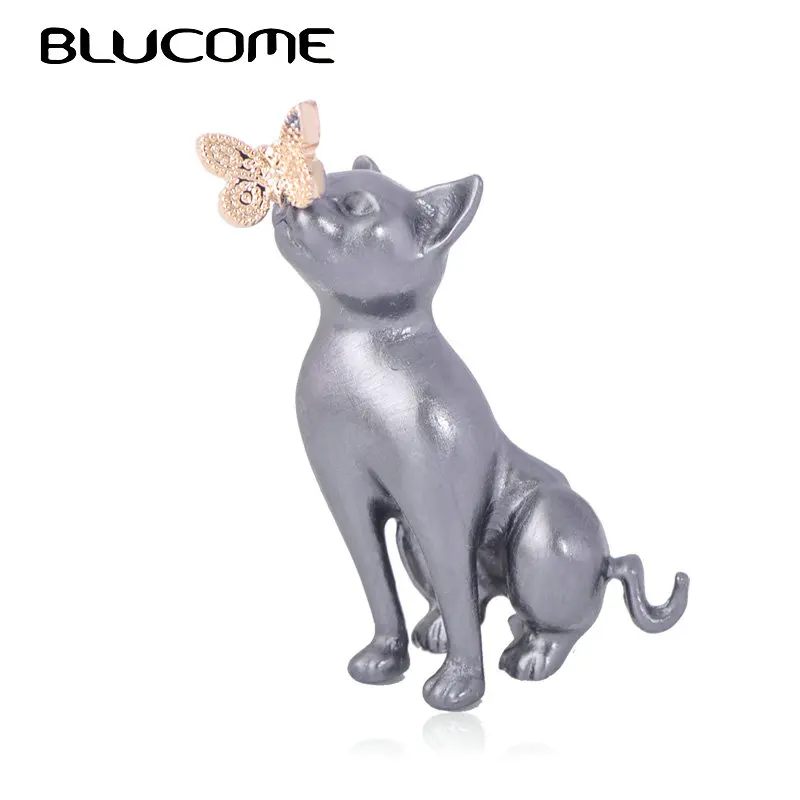 Женская/Детская Брошь Blucome серая брошь золотого цвета в форме кошки с бабочкой