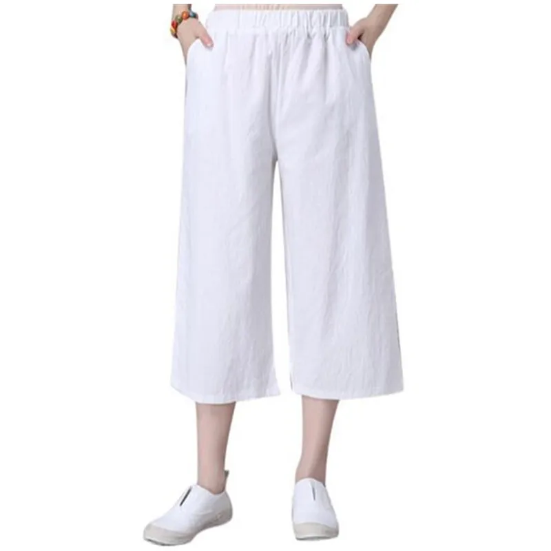 Cotton and Linen Women's Calf-Length Pant 2018 Summer Clothes Loose White Straight-legged Wide-legged Trousers Casual Black