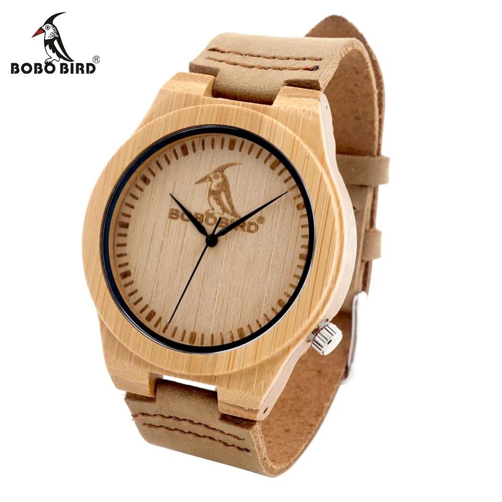 BOBO BIRD L-L07 Bamboo Wooden Watches Male with Brand Design on the Front and Wide Leather Strap Men Clocks
