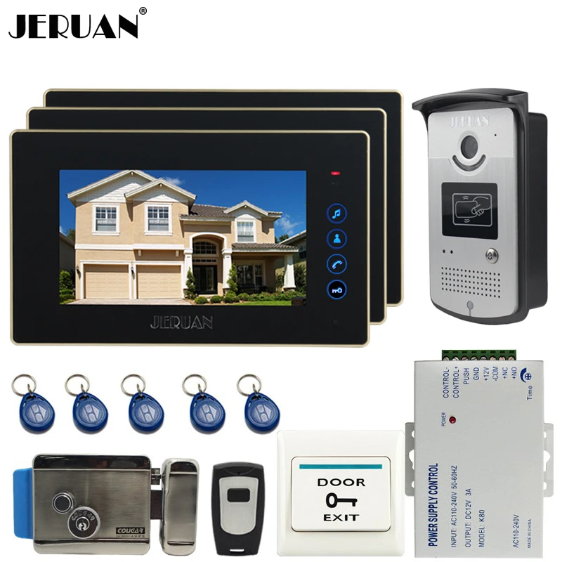 JERUAN New 7 inch touch key Color Screen Video DoorPhone Intercom System 3 Monitor +700TVL RFID Access Camera For 3 house