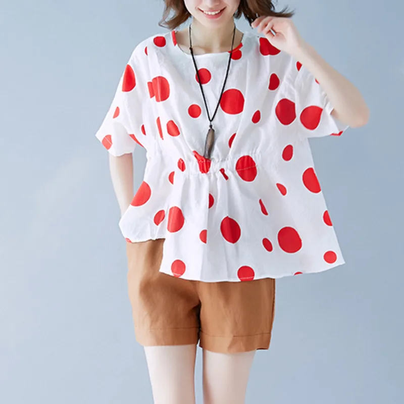 Fashion Polka Dot Blouses Shirts Women Summer Clothing Oversized Loose Cute Blouse Plus Size Irregular Slit Tops 2018 Female |