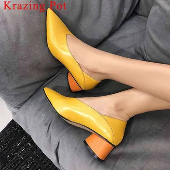 

Krazing Pot newest genuine leather slip on pointed toe office lady med heels mixed colors woman pumps career dress shoes L6f6