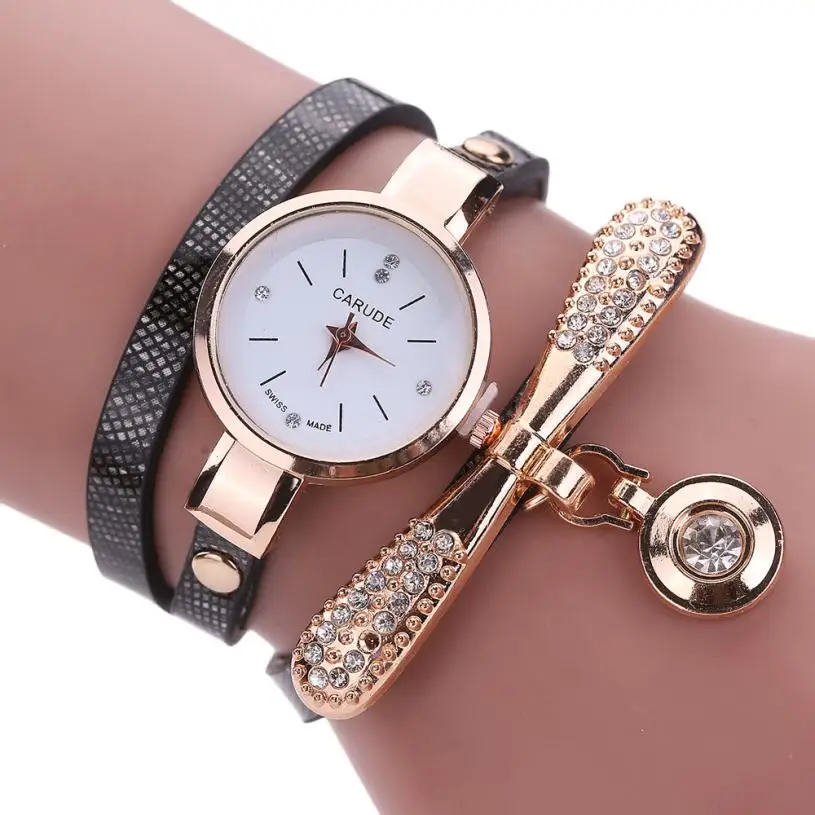 Женские часы модные часы с браслетом женские Relogio кожаный ремешок со стразами аналоговые кварцевые часы женские часы Montre Femme D - Цвет: Черный