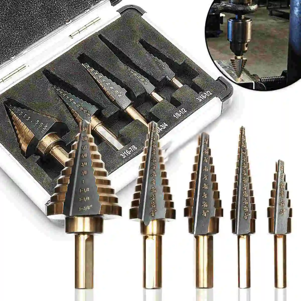 5pcs x HSS Large Cobalt Hole Titanium Cone Step Drill Bit Cutter Set Tools w/ Case