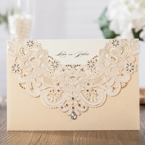 WISHMADE Laser Cut Wedding Invitation Card Holder 50pcs Champagne gold