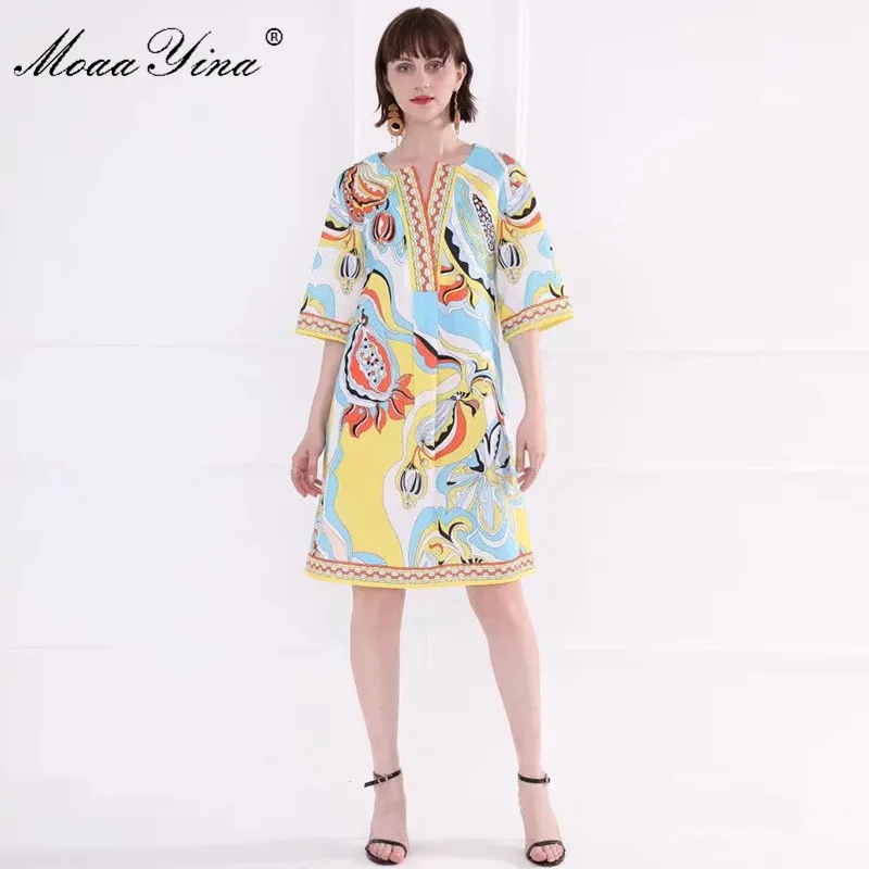 

MoaaYina Fashion Designer Runway dress Spring Summer Women Dress Flare Sleeve Indie Folk Print Loose Dresses