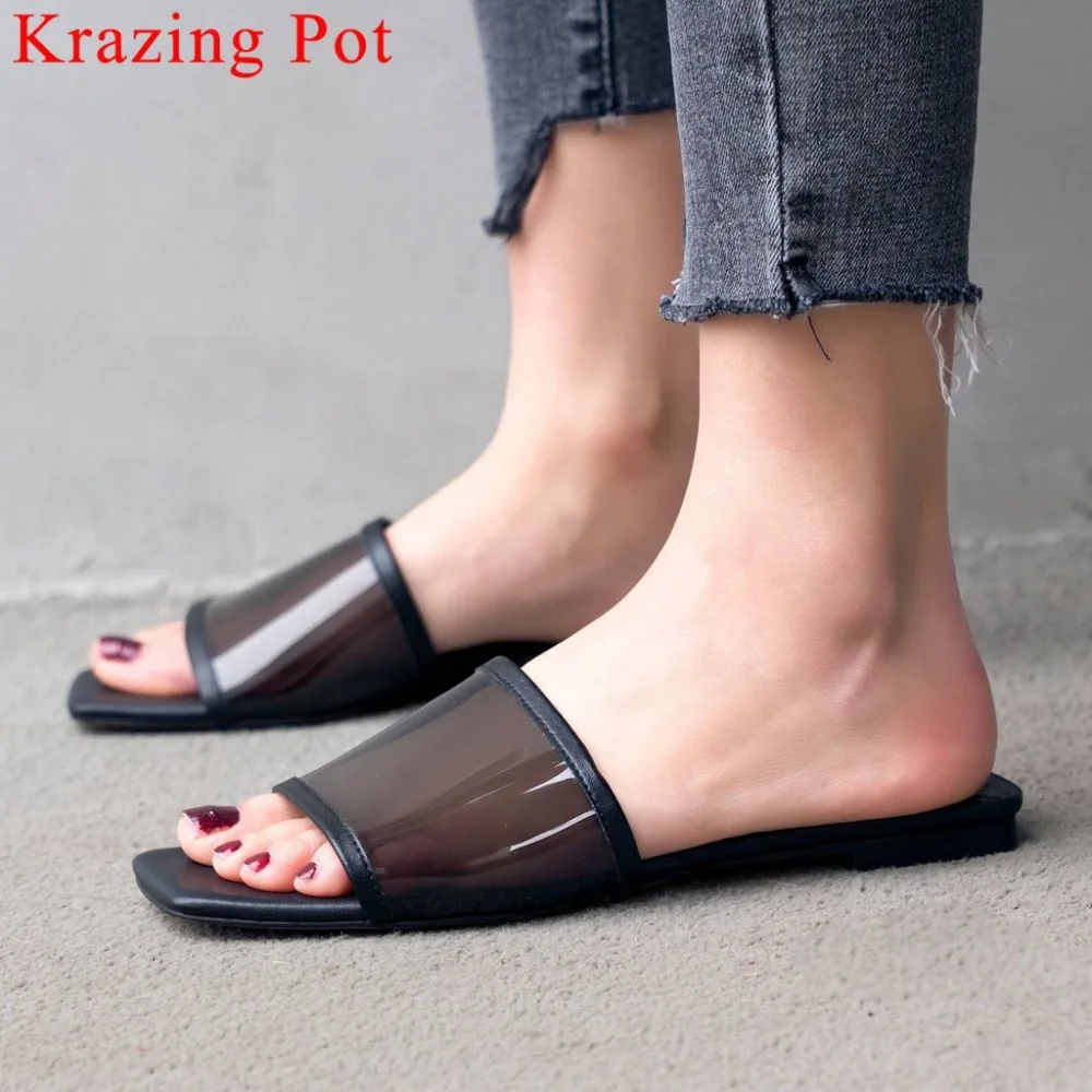 

Krazing Pot concise style slip on mules peep square toe jelly shoes genuine leather popular pvc material outside slippers L75