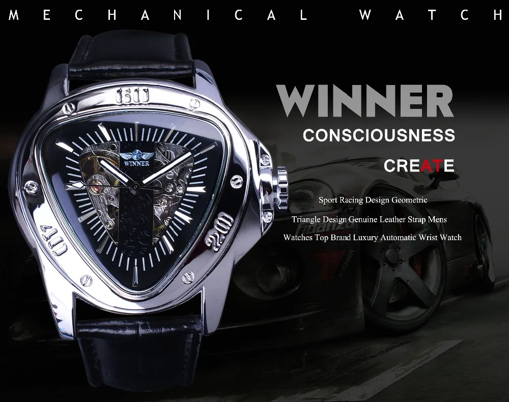 Creative Racing Design Triangle Design Silver Skeleton Dial Mens Watch for Winner