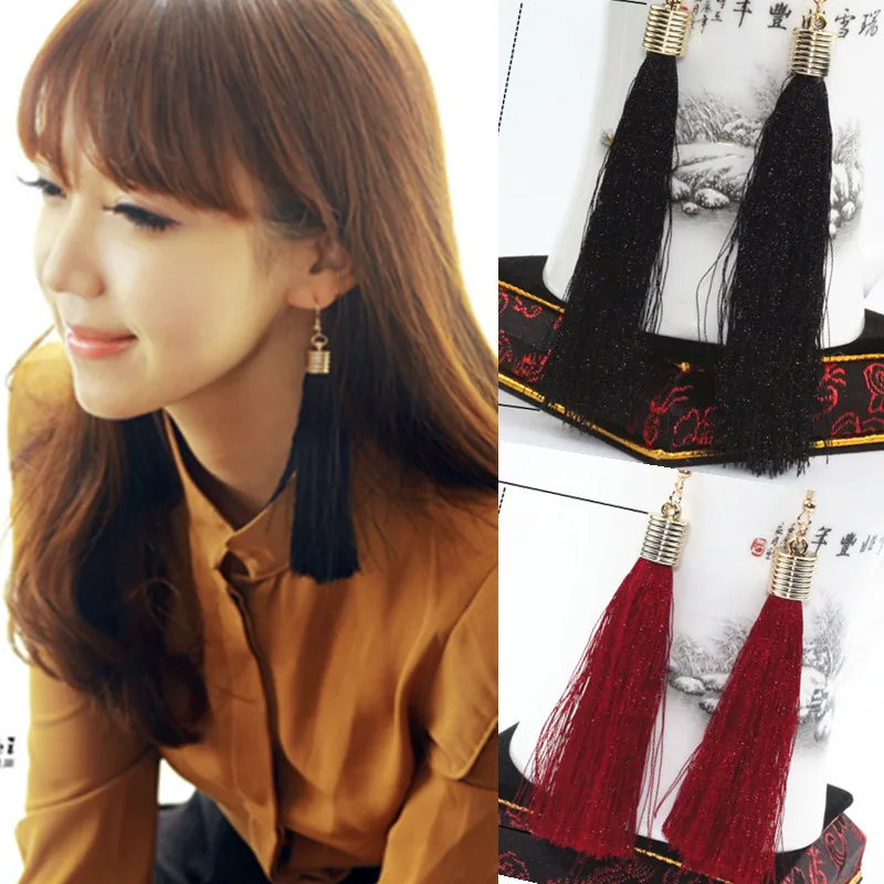 

E0163 New Long Tassel Earrings For Women Fringe Earrings Wholesale Statement Wedding Banquet Silk Accessories Vintage Earring