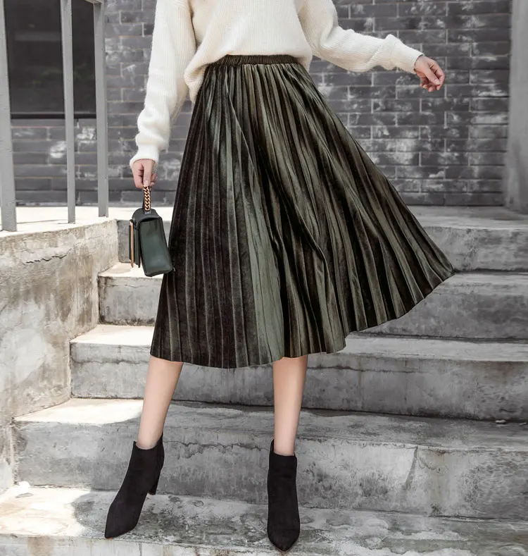 Новая модная осенне-зимняя женская замшевая юбка однотонная длинные плиссированные юбки женская s Saias Midi Faldas винтажная элегантная женская