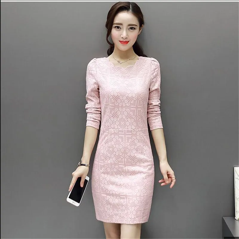 

2017 Young women clothes Autumn and winter dress elegant lace thick high quality long sleeve package buttocks dress B12
