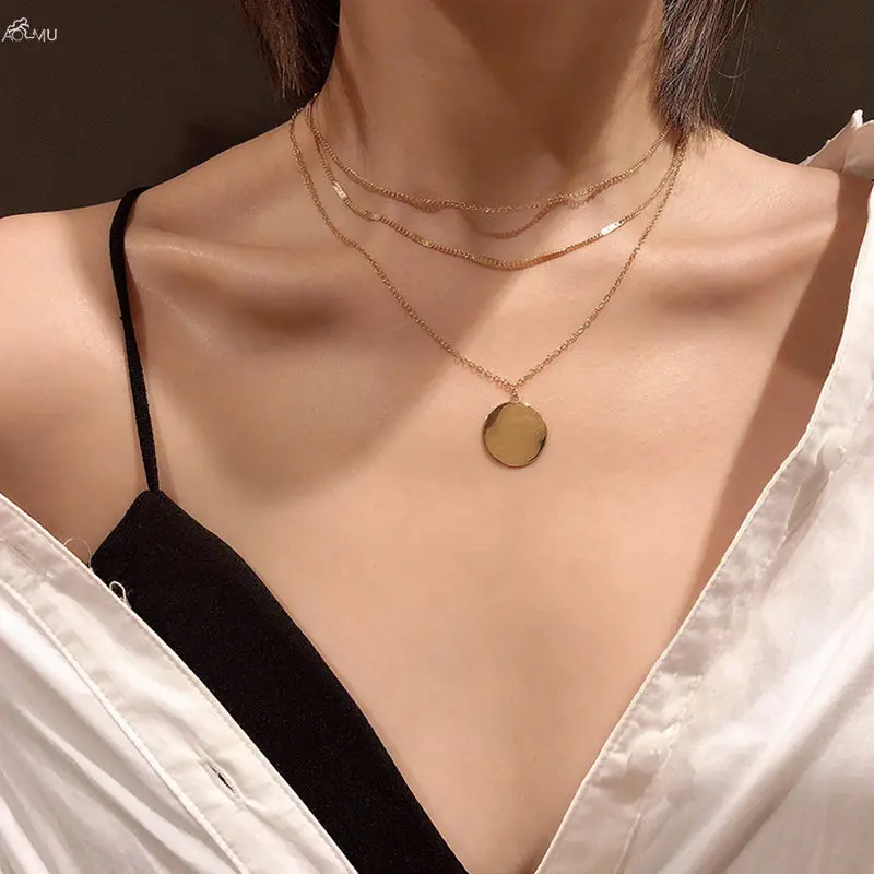 

AOMU Korea Fashion Multi-layer Metal Geometric Round Pendants Necklace For Women Jewelry Clavicle Chain Necklace