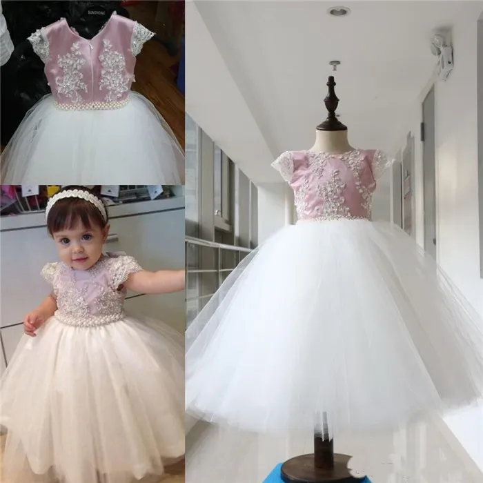 

Cute New Baby Girls First Birthday Dress Lace Pearls Pink Top Puffy Tulle Toddler Girls Dress Ceremony Special Occasion
