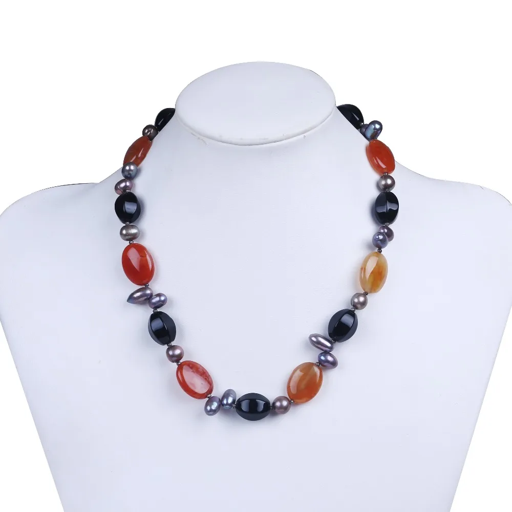 

Natural Real Pearl Bead Orange Soapstone And Gagte Crystal Chocker Women Necklace Jewellery