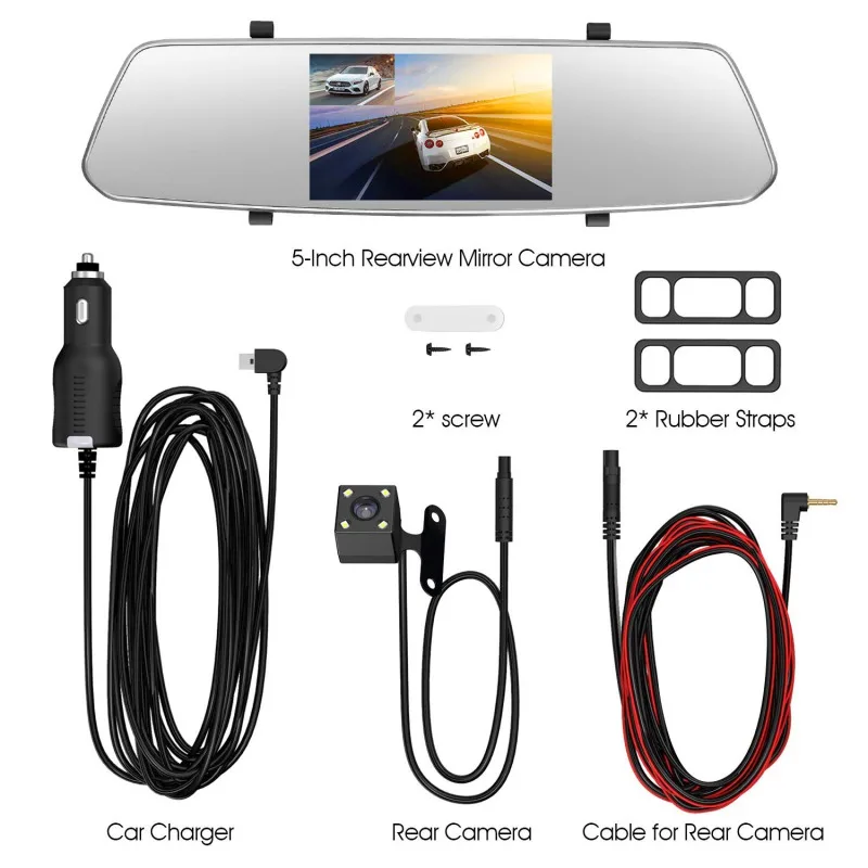 

Car Dash Cam 5in Touch Screen Car Driving Recorder Lens Car Rearview Mirror DVR